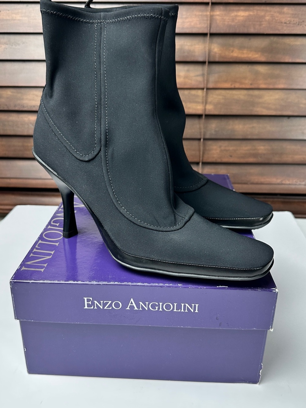 NIB Vintage Enzo Angiolini Black Stretch Stiletto Sock Ankle Booties with Heel